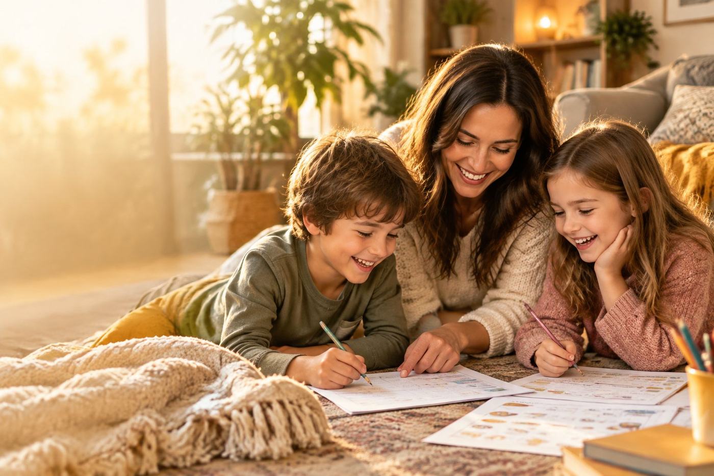 A mother and two children filling out the workbook together